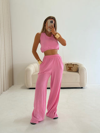 MARA Cheesecloth Halterneck Tie Top & Wide Leg Trouser Set In Sweet Pink
