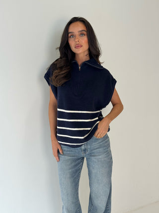 CASSIE Sleeveless Zip Up Knitted Striped Gilet In Navy