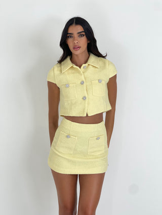 Caramella SERENA Short Sleeved Button Up Tweed Top & Mini Skirt Co-Ord In Lemon