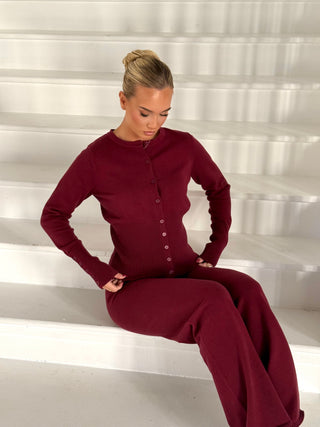 Caramella EVERLY Knitted Button Cardigan & Flared Trouser Lounge Set In Burgundy