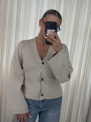 SOPHIE Long Sleeved V Neck Button Up Pocket Detail Cardigan In Stone