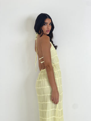 CAPRICE Chiffon Halterneck Tie Back Ruffle Maxi Dress In Lemon