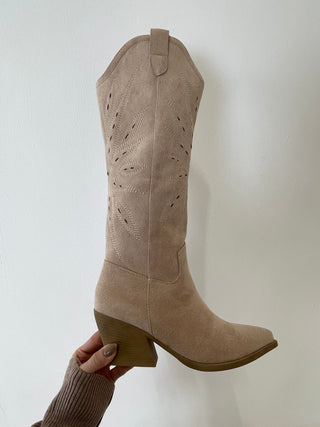 ARIA Knee High Cowboy Heeled Boots In Beige