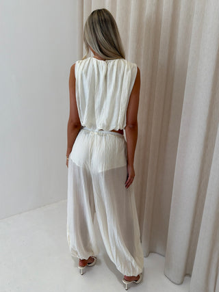 MARA Balloon Hem Sleeveless Top & Trouser Co-Ord In Cream - PRE ORDER