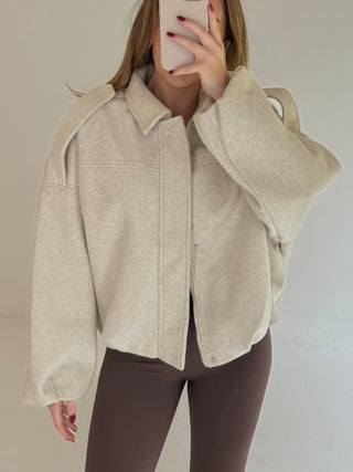 BONNIE Wool Look Long Sleeved Zip Up Bomber Jacket In Oat