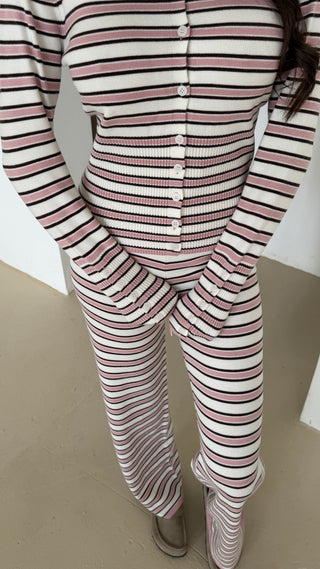 EVERLY Knitted Button Cardigan & Wide Leg Trouser Lounge Set In Strawberry Swirl