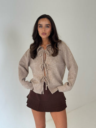 AUBREY Long Sleeved Tie Up Frill Collared Cardigan In Taupe