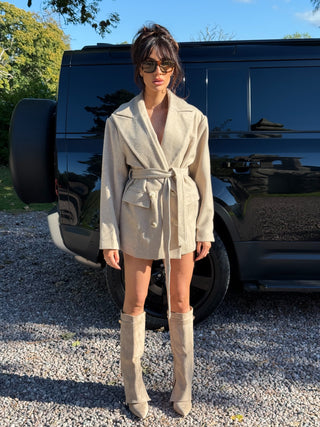 PRE ORDER SHIPS 29.10 Caramella ODETTE Micro Herringbone Tweed Long Sleeved Tailored Jacket & Scarf In Biscuit