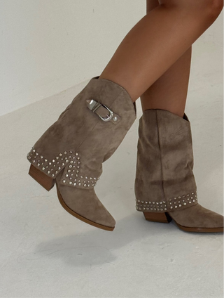 BRODI Cowboy Stud Detail Fold Over Heeled Boots In Taupe