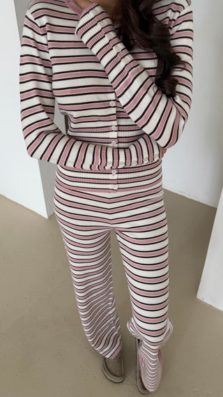 EVERLY Knitted Button Cardigan & Wide Leg Trouser Lounge Set In Strawberry Swirl