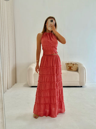 BELLA Cheesecloth Open Back Ruffle Halterneck Top & Maxi Skirt Co-Ord In Coral Red