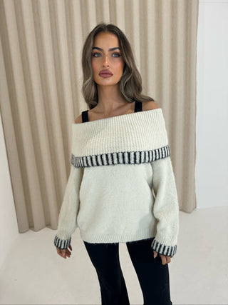 LILY Knitted Contrast Stitch Off-Shoulder Jumper in Beige