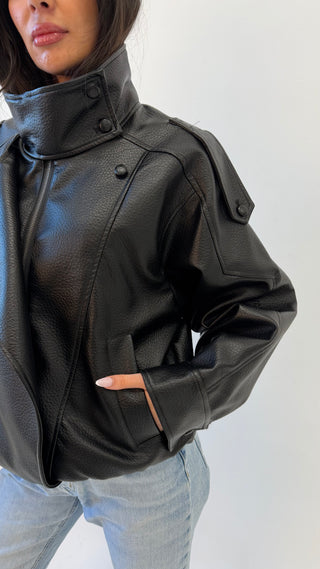 PRE ORDER IMANI Oversized PU Leather Funnel Neck Jacket In Black