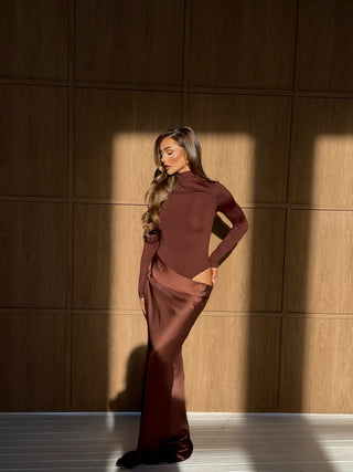 SOLACE High Neck Long Sleeved Satin Draped Cut Out Maxi Dress In Chocolate