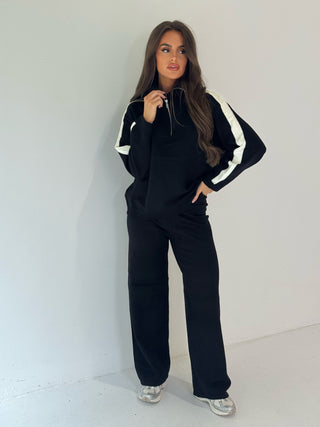 MARLIE Knitted Zip Up Jumper & Wide Leg Trouser Loungewear In Black