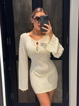 SIENNA Long Sleeved Crochet Beach Mini Dress In Beige