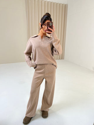 FAWN Knitted Long Sleeved V Collar Jumper & Flared Trouser Lounge Set In Fudge