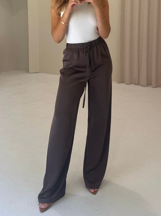 PERRIE Satin Wide Leg Trousers In Chocolate