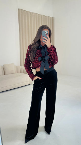 ELORA High Waisted Velvet Straight Leg Trouser in Black