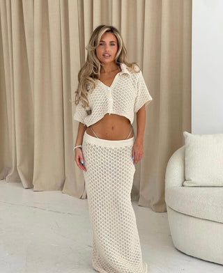 ZENA Short Sleeve Crochet Top & Maxi Skirt Co-Ord In Beige