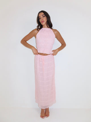 ARABELLA Open Back Ruffle Halterneck Top & Maxi Skirt Co-Ord In Pink