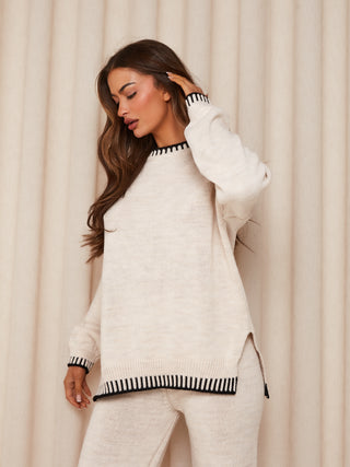 WILLOW Knitted Contrast Jumper And Trouser Set In Beige