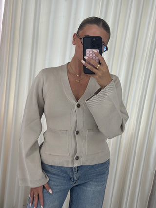 SOPHIE Long Sleeved V Neck Button Up Pocket Detail Cardigan In Stone