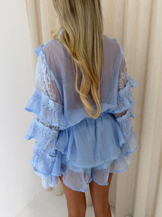 ISABEL Lace Ruffle Long Sleeved Top & Mini Shorts Co Ord In Powder Blue