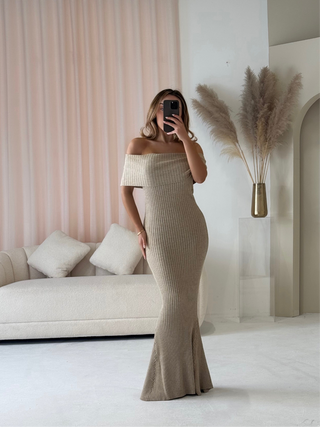 ARIA Bardot Knit Ribbed Maxi Dress In Oatmeal