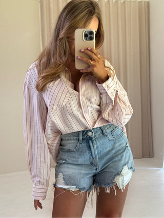 ALMA High Waisted Ripped Detail Denim Shorts In Blue Denim