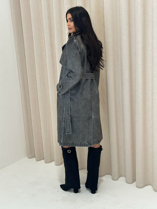 MICAH Leather Look Trench Coat in Slate Grey