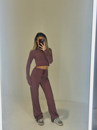 MINNIE Long Sleeved Striped Top & Wide Leg Lounge Set In Burgundy