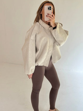 BONNIE Wool Look Long Sleeved Zip Up Bomber Jacket In Oat