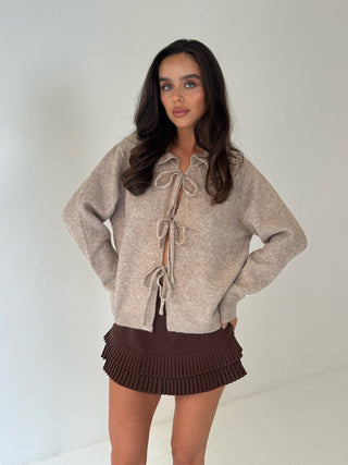 AUBREY Long Sleeved Tie Up Frill Collared Cardigan In Taupe