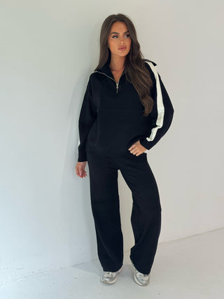 MARLIE Knitted Zip Up Jumper & Wide Leg Trouser Loungewear In Black