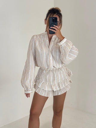 GEORGIE Long Sleeved Stripe Linen Skort Co-Ord In Beige
