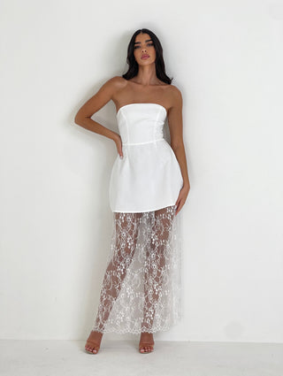 Caramella EMILIE Structured Dress With Lace Maxi Skirt Detail In White