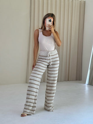CERYS High Waisted Crochet Knitted Striped Trousers In Beige