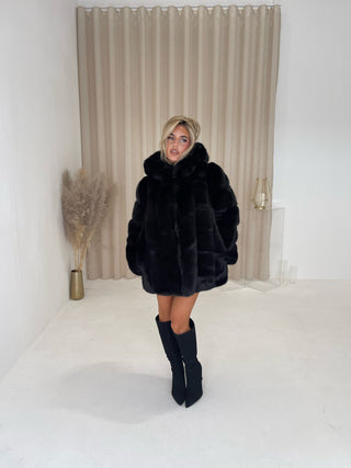 DIORA Faux Fur Long Sleeved Hooded Coat In Black