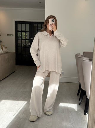 FAWN Knitted Long Sleeve Collared Jumper & Wide Leg Loungeset In Stone
