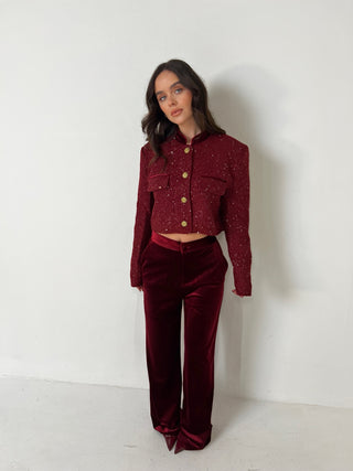 ELEANOR Tweed Cropped Jacket in Burgundy