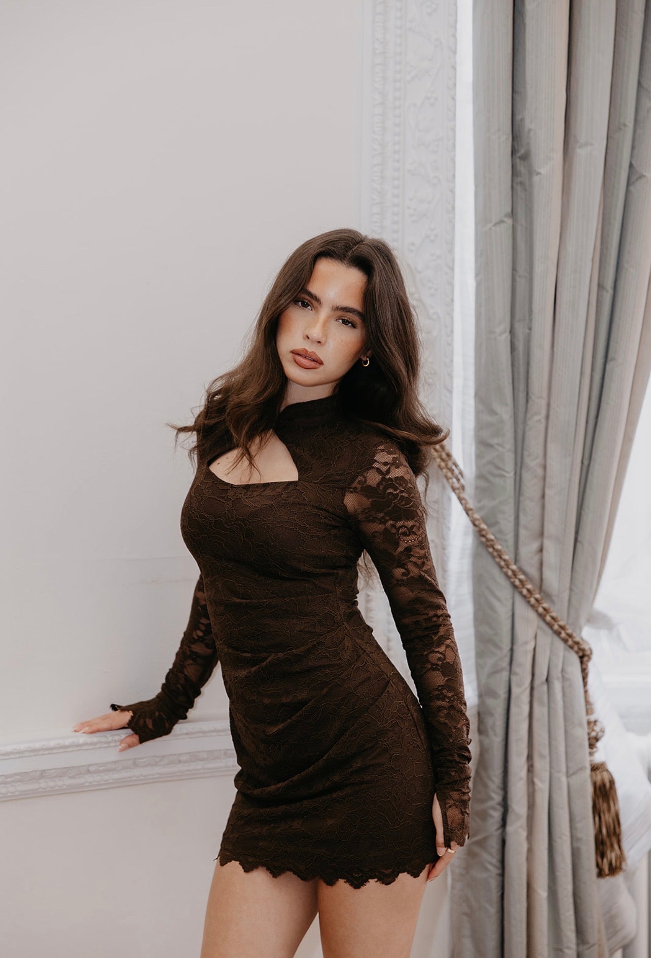 ELLIS Long Sleeved Lace High Neck Mini Dress In Espresso CARAMELLA ELLIS Long Sleeved Lace High Neck Mini Dress In Espresso CARAMELLA