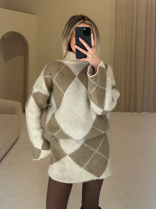GRACE High Neck Knitted Argyle Jumper & Mini Skirt Co-Ord In Cream