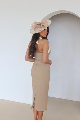 CLEMENTINE Contrast Detail Button Midi Dress in Stone
