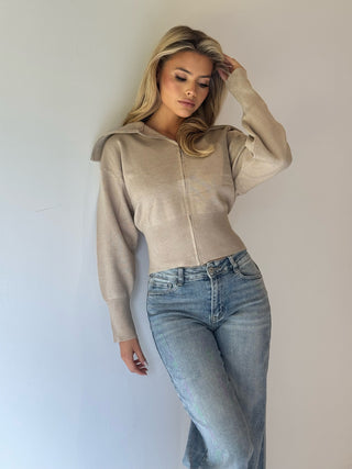 LULA Knitted Zip Up Long Sleeved Jumper In Oat