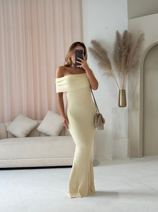 ARIA Bardot Knit Ribbed Maxi Dress In Vanilla