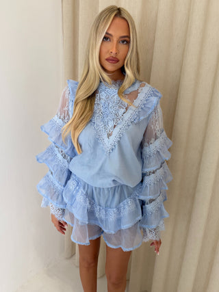 ISABEL Lace Ruffle Long Sleeved Top & Mini Shorts Co Ord In Powder Blue