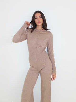 Caramella EVERLY Knitted Button Cardigan & Flared Trouser Lounge Set In Truffle