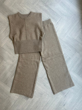 EVIE Knitted Sleeveless Top & High Waisted Wide Leg Lounge Set In Biscuit