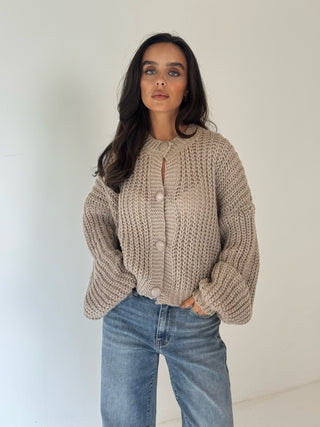 LIBBIE Knitted Balloon Sleeve Button Up Cardigan In Biscuit